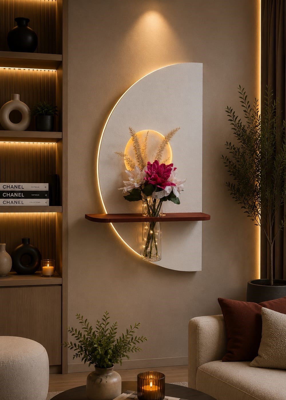 Tableau Mural LED Design Moderne avec Étagère et Vase – Élégance & Lumière ( REF-001 )