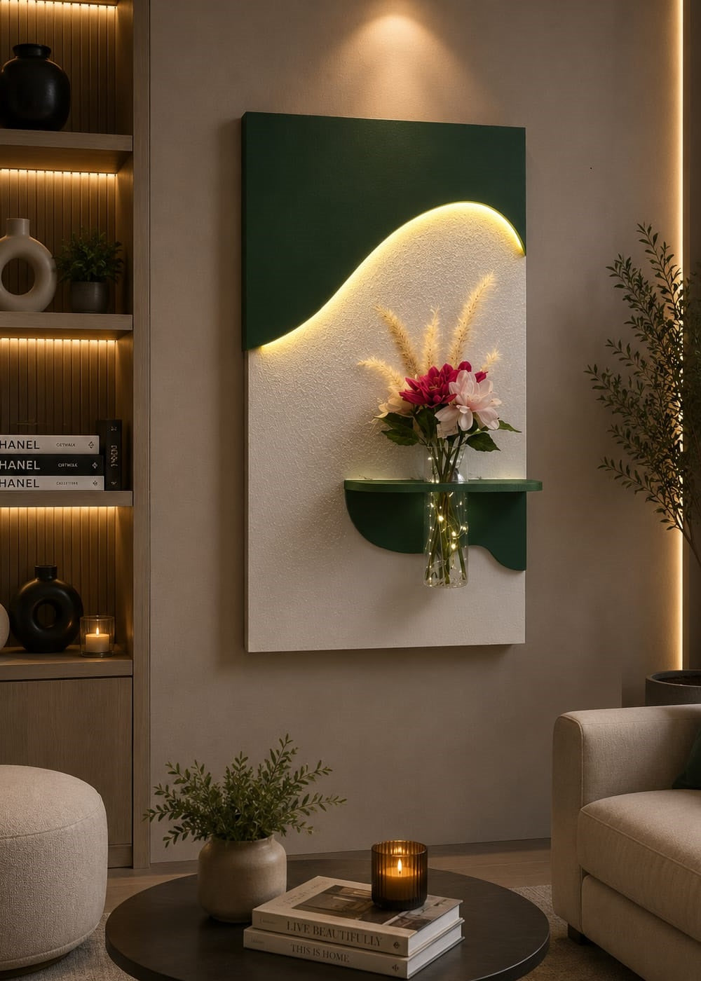 Tableau Mural LED Design Moderne avec Étagère et Vase – Élégance & Lumière ( REF-003 )