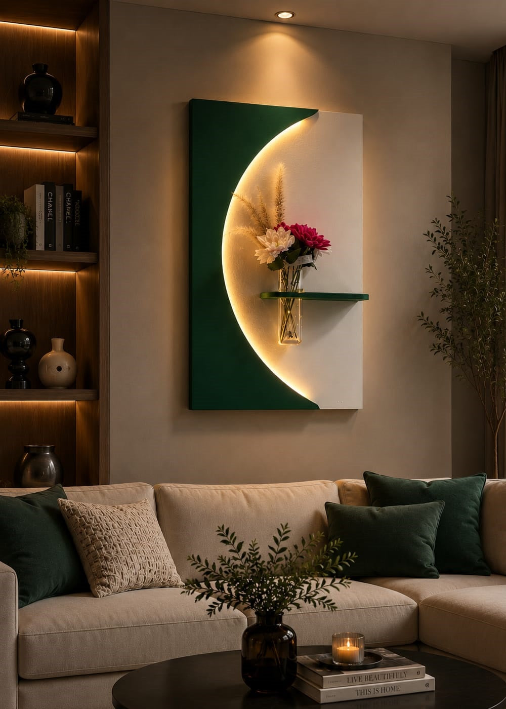 Tableau Mural LED Design Moderne avec Étagère et Vase – Élégance & Lumière ( REF-005 )