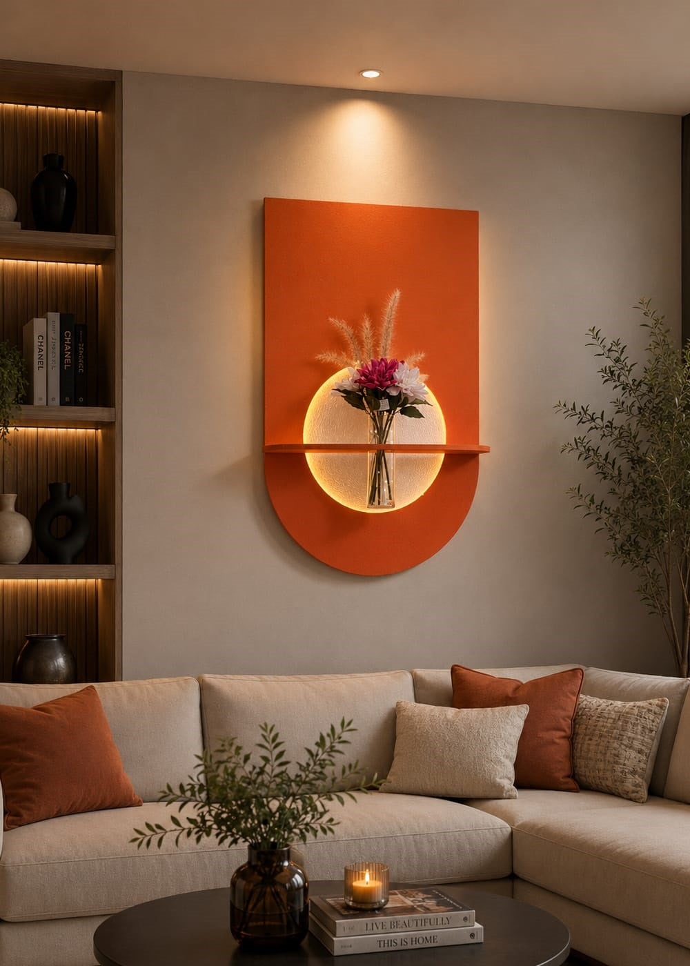 Tableau Mural LED Design Moderne avec Étagère et Vase – Élégance & Lumière ( REF-006 )