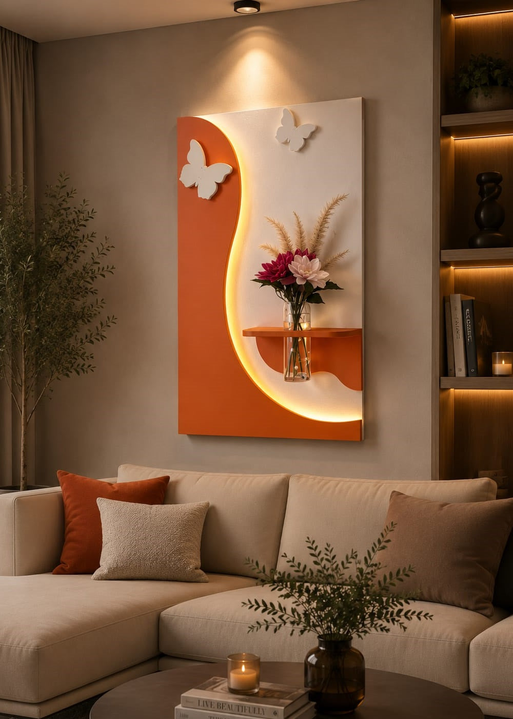 Tableau Mural LED Design Moderne avec Étagère et Vase – Élégance & Lumière ( REF-008 )